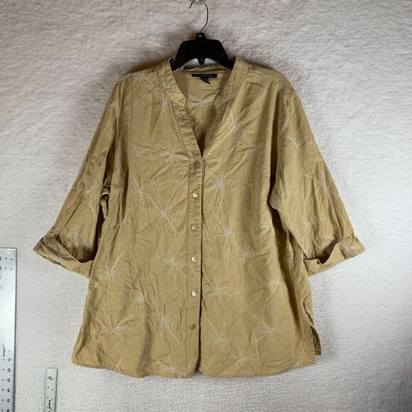 Club Z‎ Collection Women's Yellow Button Up Flower Embroidered Top LInen 1X 9751 - Picture 1 of 8